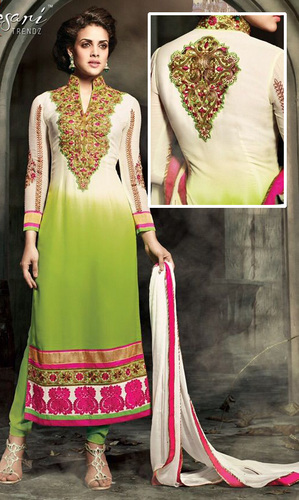 Off White & Parrot Green Georgette Suit (Rihana 9004)