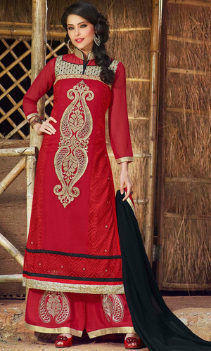Red Embroidered Georgette Suit with Bottom Work (Rolex 2 - 10045)